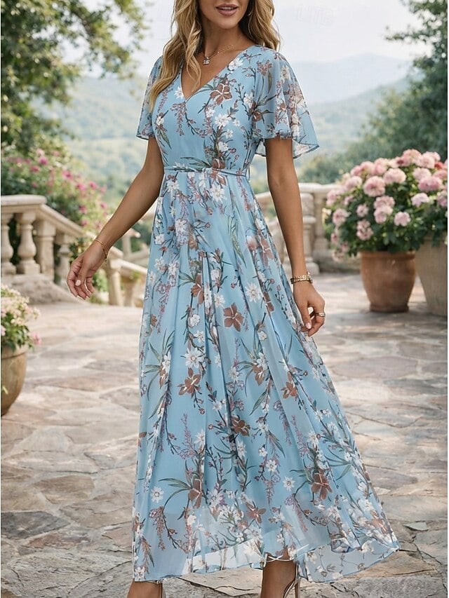 Blue Floral Print V-neck Midi Dress with Flutter Sleeves Blue Floral Print V-neck Midi Dress with Flutter Sleeves — Simple V Neck Dress