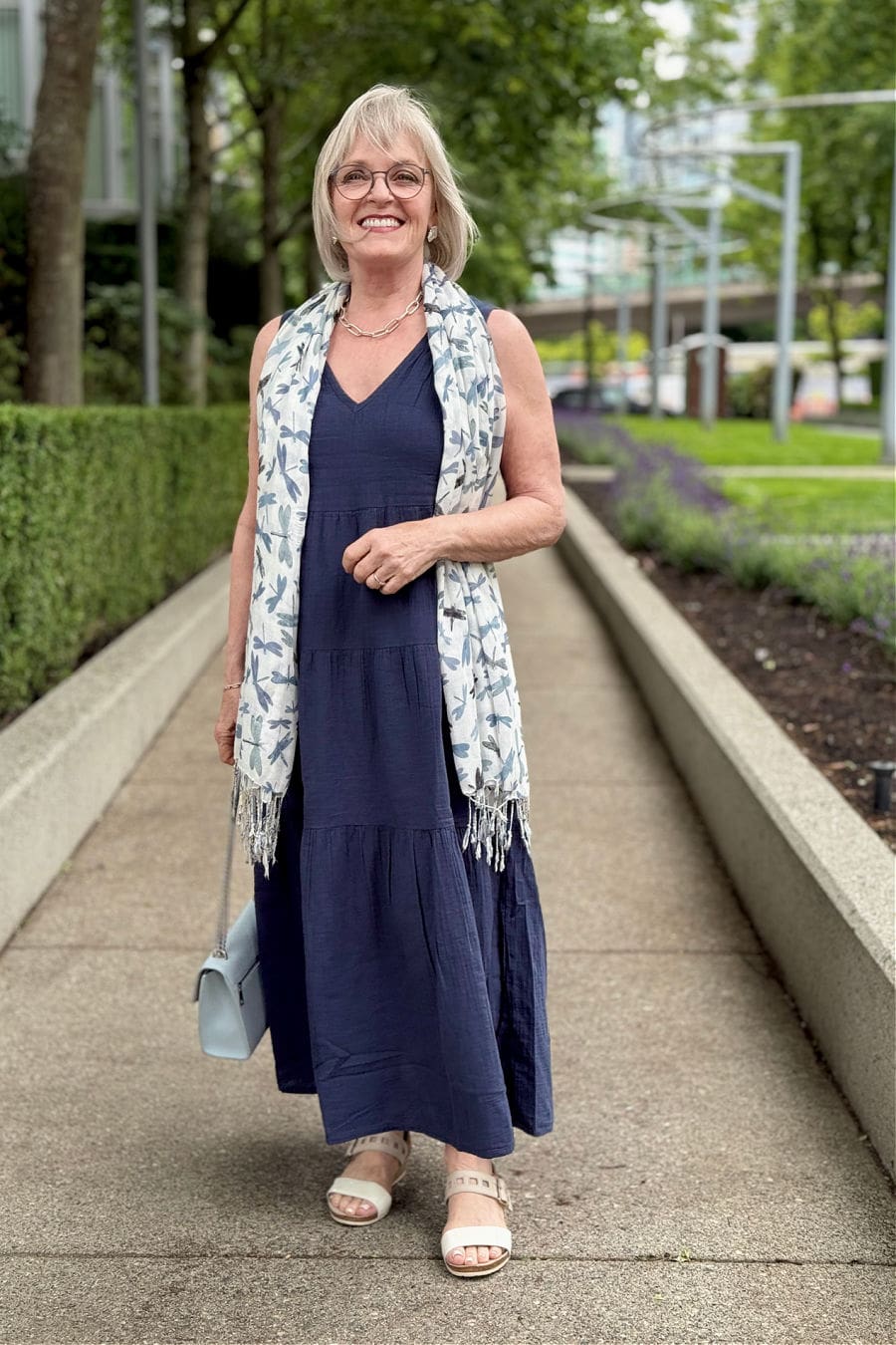 Navy Blue Tiered Midi Dress with Printed Scarf Navy Blue Tiered Midi Dress with Printed Scarf — Simple V Neck Dress