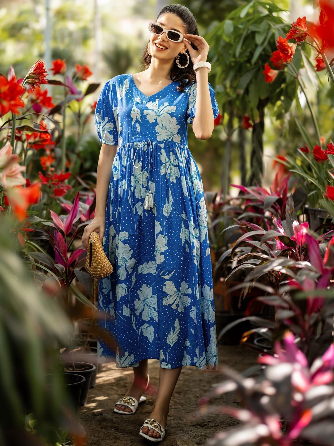 Royal Blue Floral Print A-line Midi Dress Royal Blue Floral Print A-line Midi Dress — Simple V Neck Dress