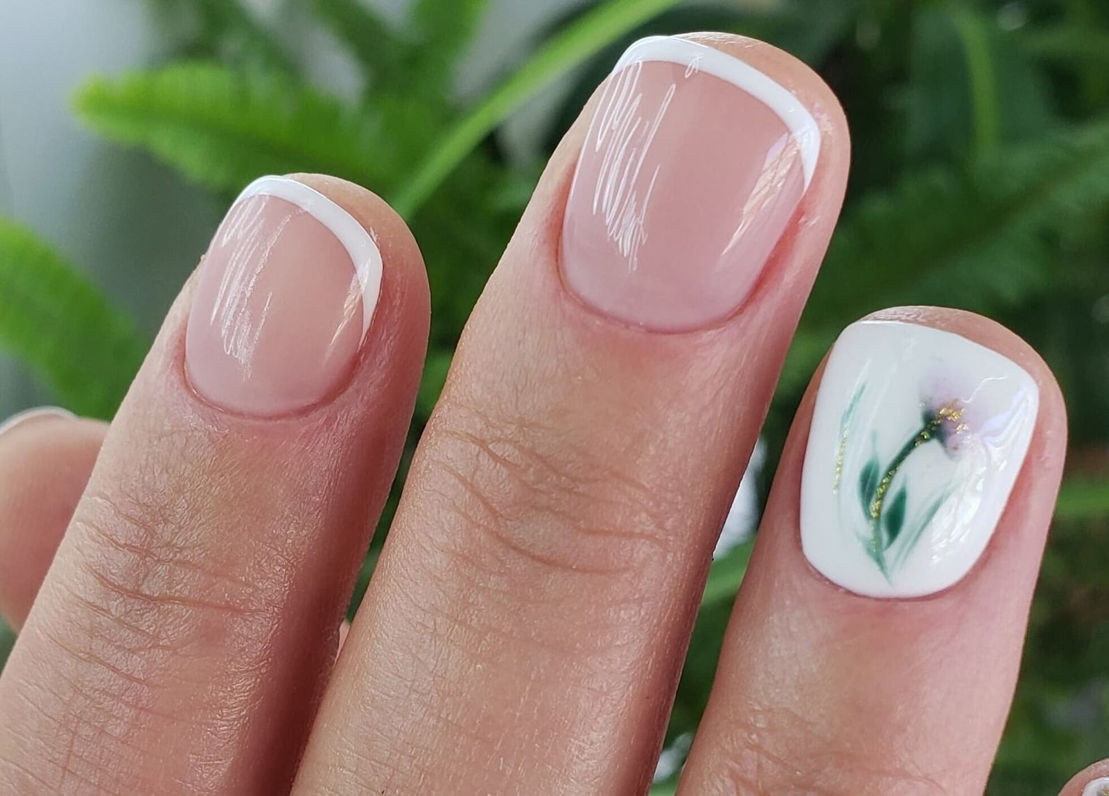 Nude French Tips With Floral Art Short Square Nails Nude French Tips With Floral Art Short Square Nails — Simple Vintage Nails