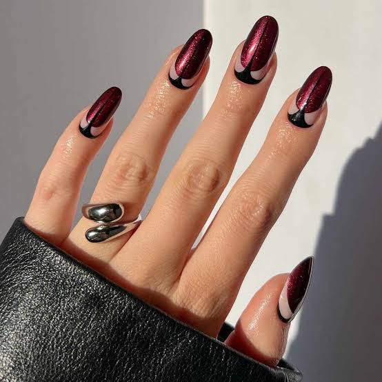 Nude Reverse French Tip With Deep Red Shimmer Nude Reverse French Tip With Deep Red Shimmer — Simple Vintage Nails