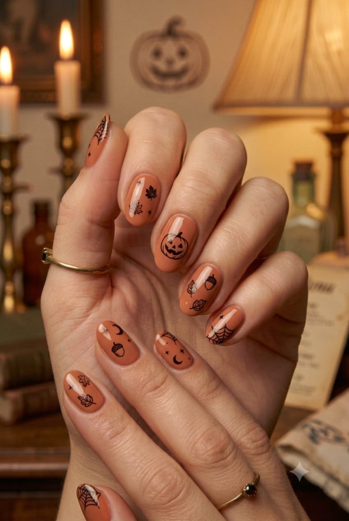 Orange Short Oval Nails With Halloween Line Art Orange Short Oval Nails With Halloween Line Art — Simple Vintage Nails