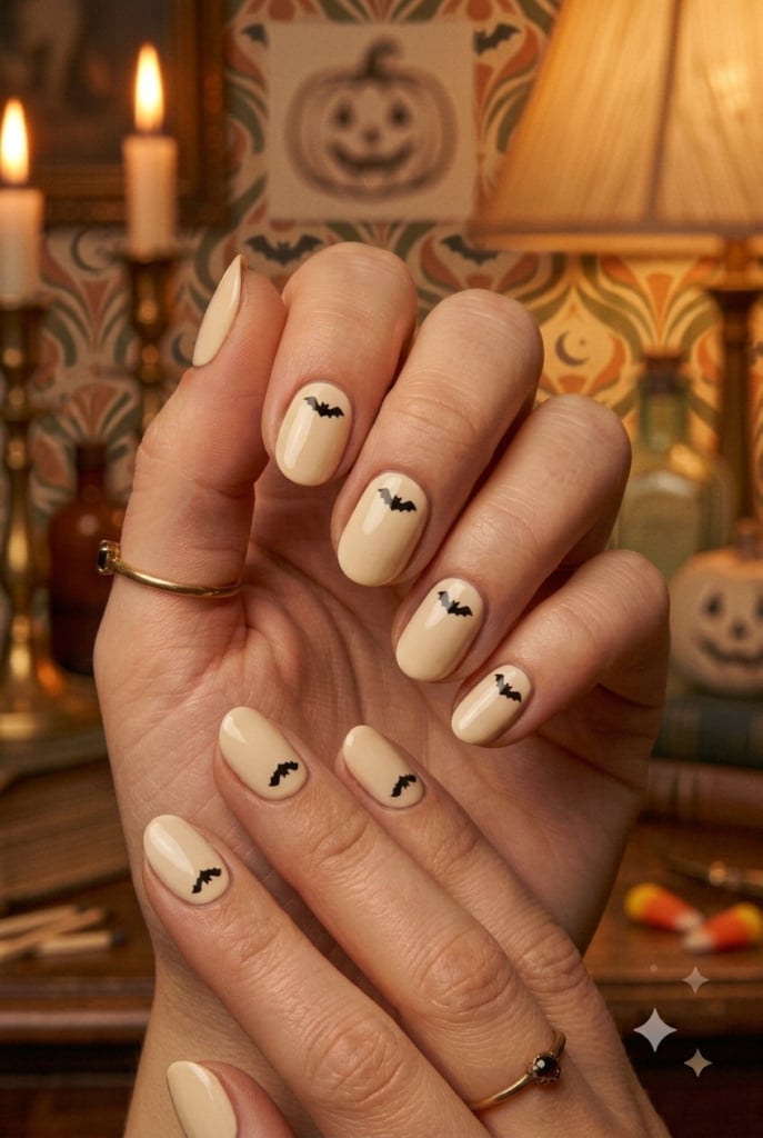 Pale Beige Short Oval Nails With Bat Silhouettes Pale Beige Short Oval Nails With Bat Silhouettes — Simple Vintage Nails