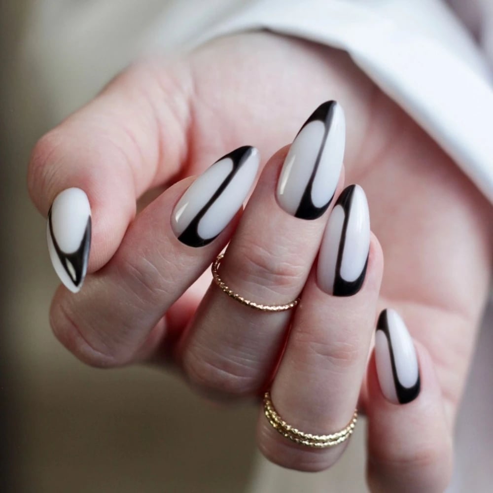 Glossy White Long Almond Nails With Black Lines Glossy White Long Almond Nails With Black Lines — Simple Vintage Nails
