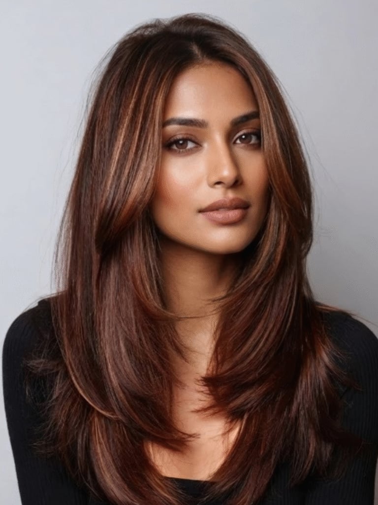 Mid-Back Layers With Warm Highlights Mid-Back Layers With Warm Highlights — Simple Voluminous Hair