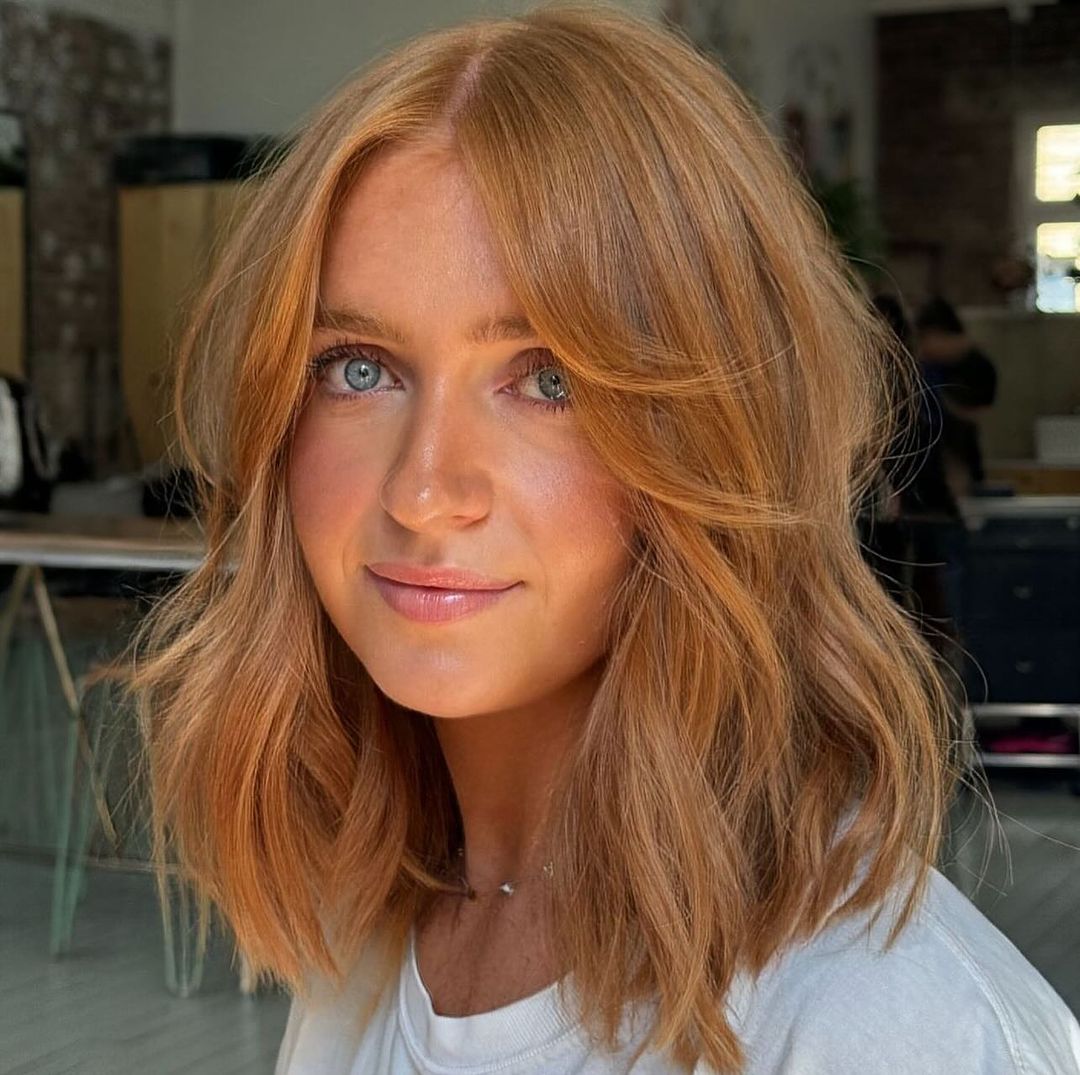 Shoulder Length Strawberry Blonde Layers Shoulder Length Strawberry Blonde Layers — Simple Voluminous Hair
