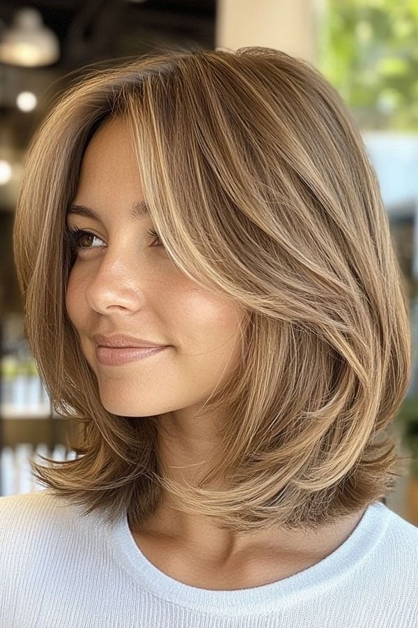 Honey Blonde Bob With Side Swept Bangs Honey Blonde Bob With Side Swept Bangs — Simple Voluminous Hair