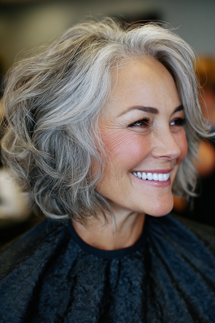 Chin-Length Ash Grey Bob With Curtain Bangs Chin-Length Ash Grey Bob With Curtain Bangs — Simple Waves Hair
