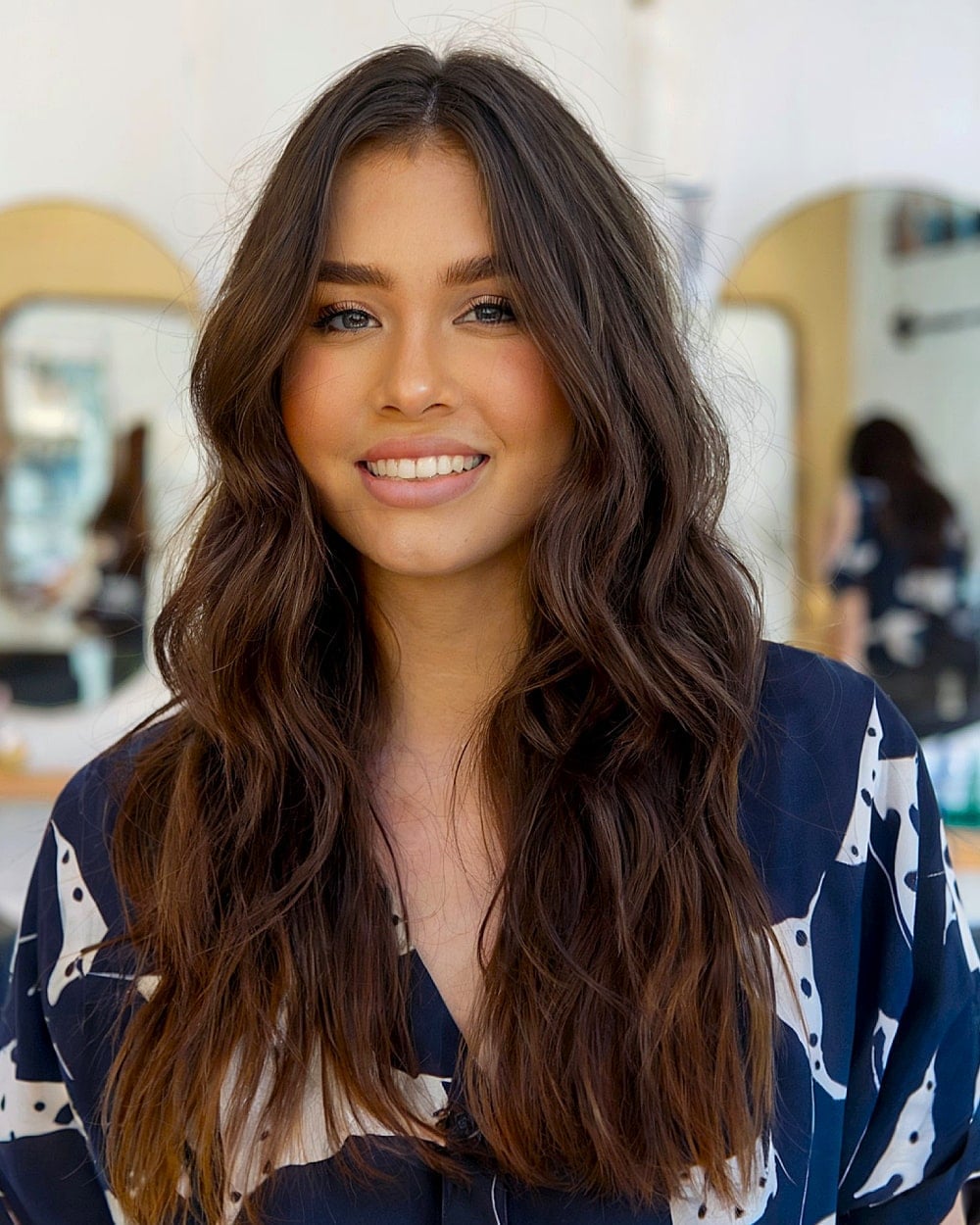 Mid-Back Dark Brown Waves With Highlights Mid-Back Dark Brown Waves With Highlights — Simple Waves Hair