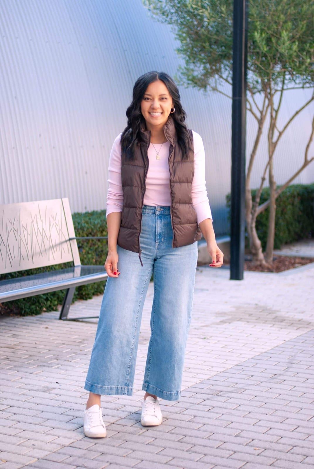 Puffer Vest Over Long Sleeve Top with Wide Leg Jeans Puffer Vest Over Long Sleeve Top with Wide Leg Jeans — Simple Weekend Outfits
