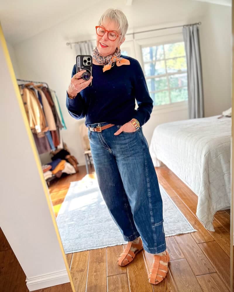 Navy Sweater with Relaxed Fit Jeans and Scarf Navy Sweater with Relaxed Fit Jeans and Scarf — Simple Weekend Outfits