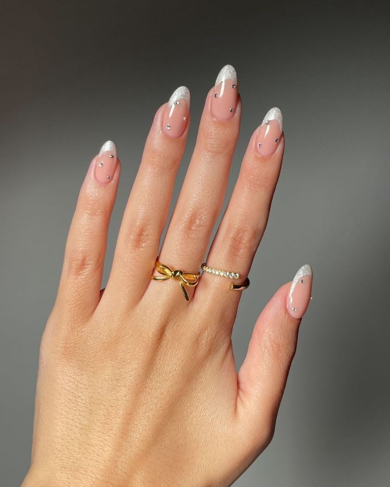 Almond Nails White French Tip With Silver Rhinestones — Simple White French Tip Nails