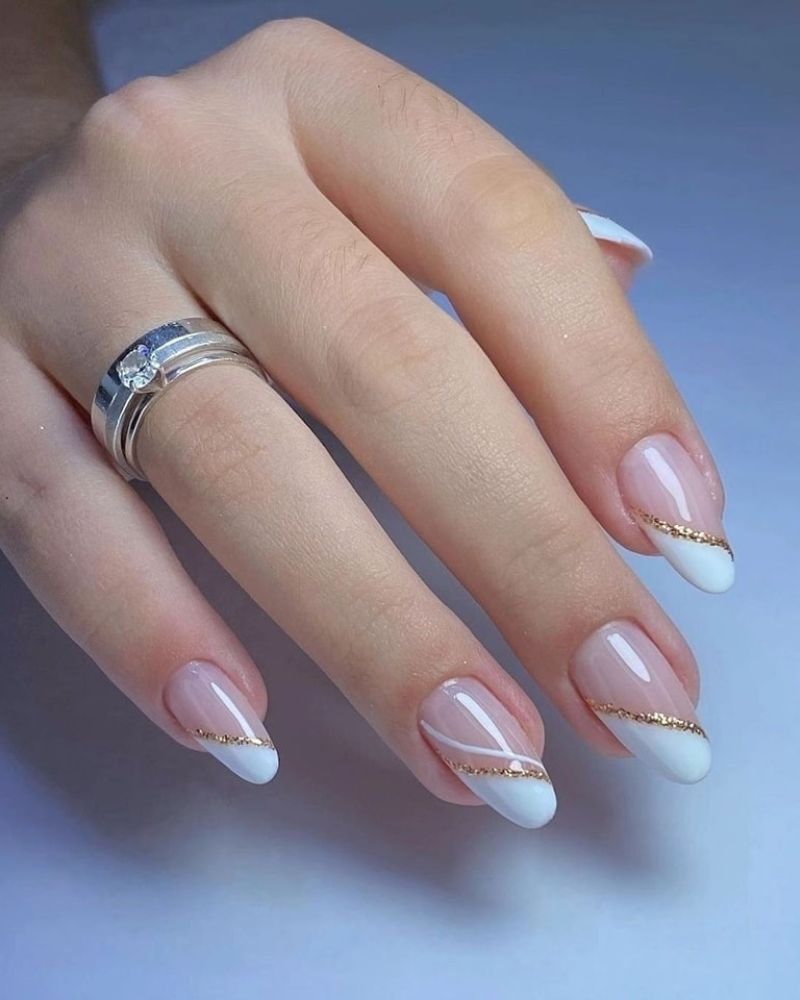 Almond French Tips With Delicate Gold Lines — Simple White French Tip Nails