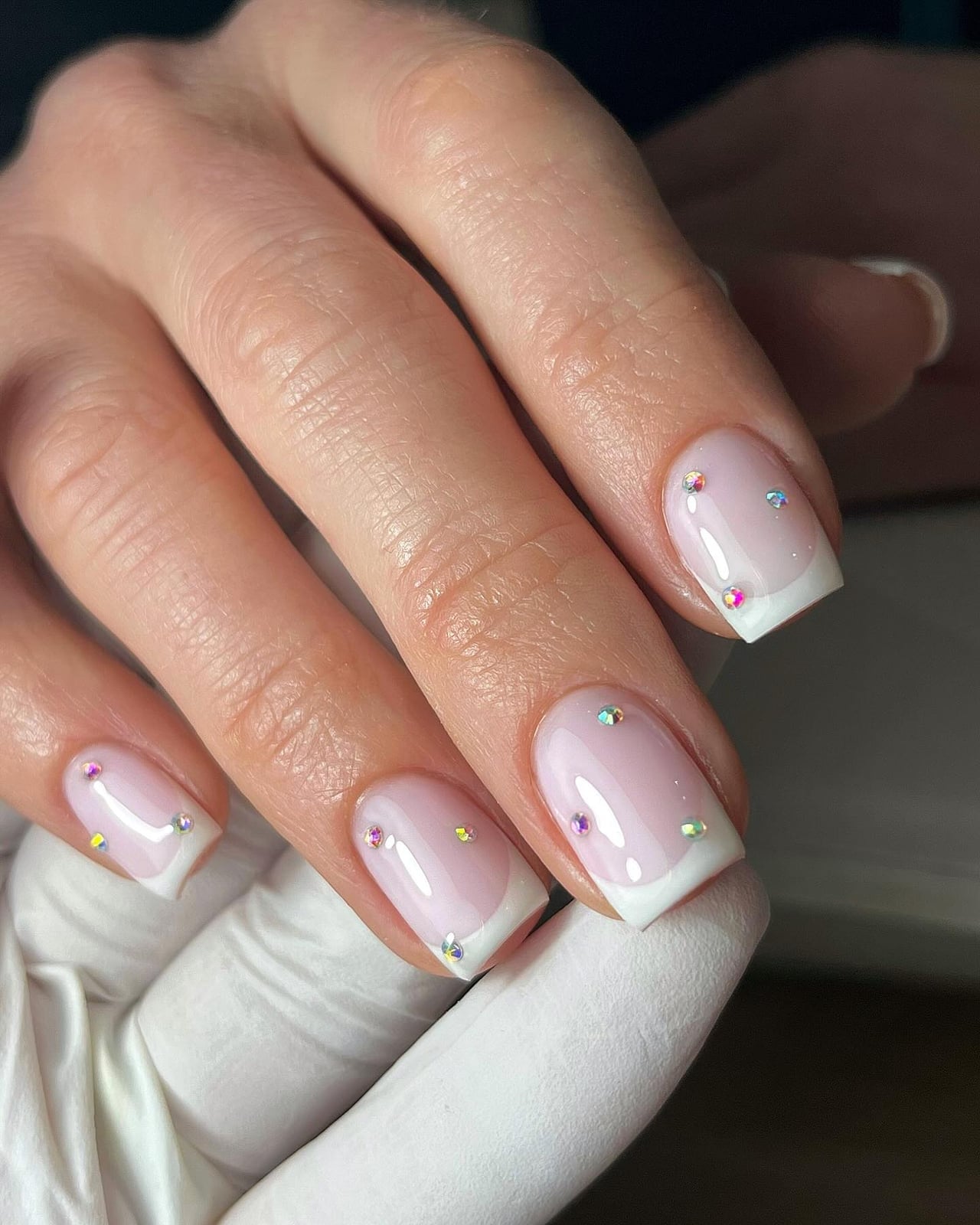 Soft Square Nails With Iridescent Rhinestone Accents — Simple White French Tip Nails