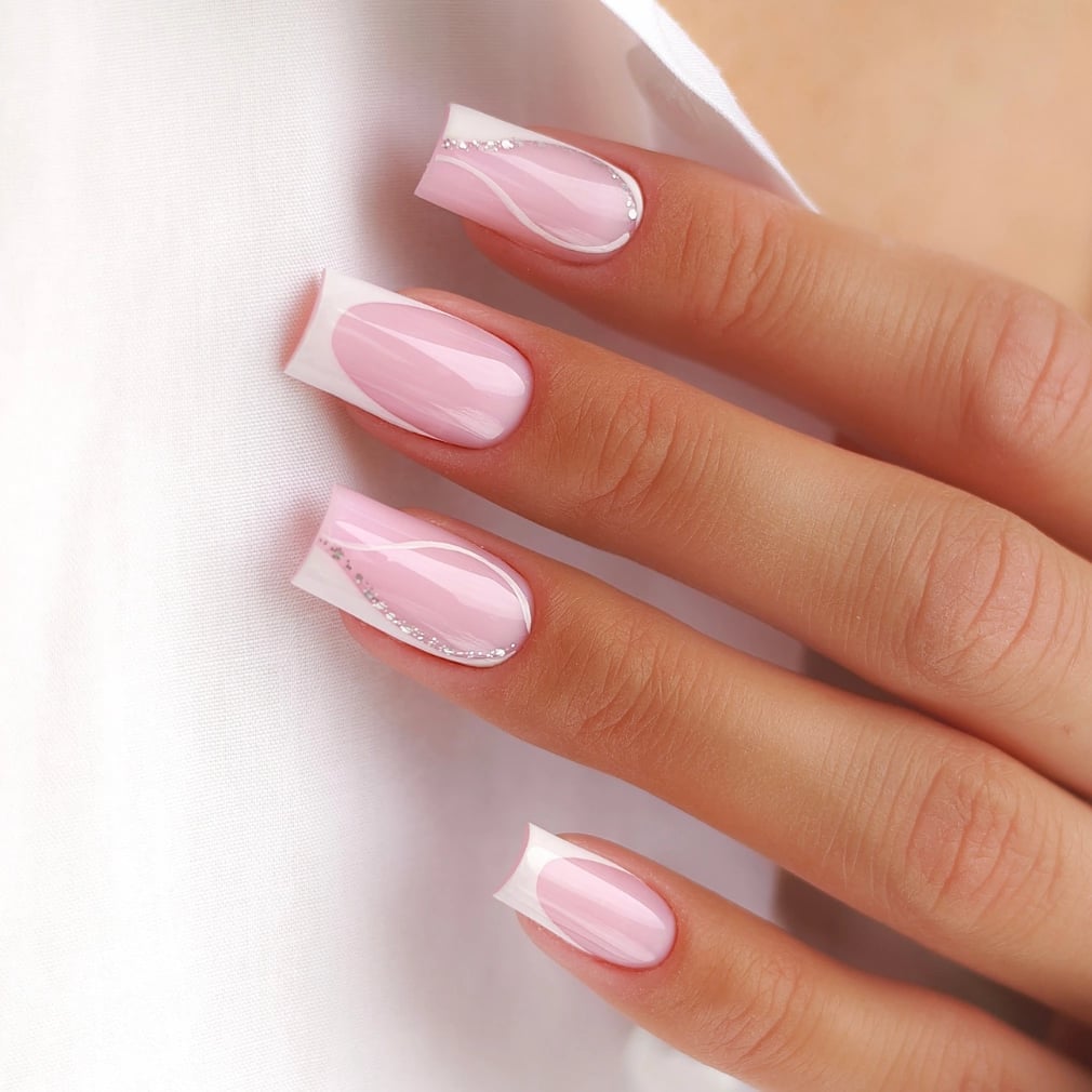 Square Nails Pink Base With Silver Line Accents — Simple White French Tip Nails