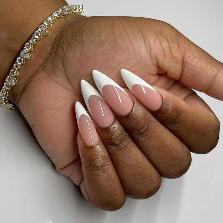 Sharp Almond Nails With Very Clear White Tips and острый миндаль — Simple White French Tip Nails