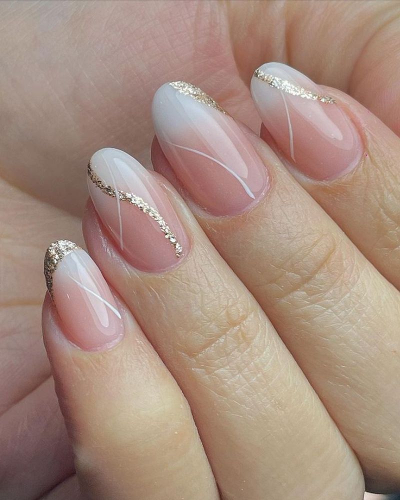 Almond French Tips With Gold Glitter Accents — Simple White French Tip Nails