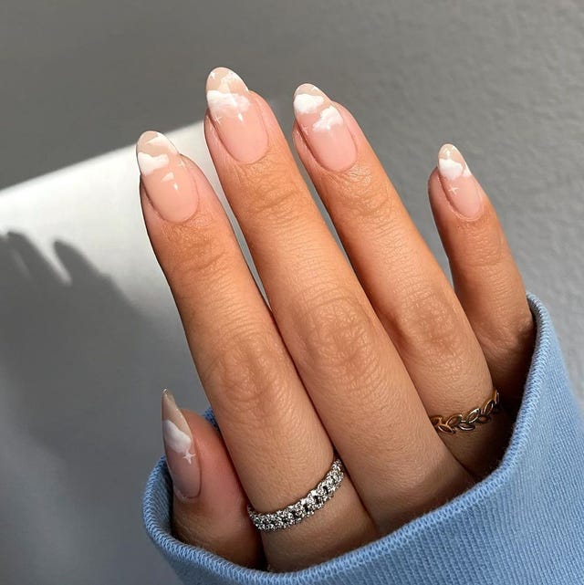 Almond French Tips With Delicate Cloud Motifs — Simple White French Tip Nails