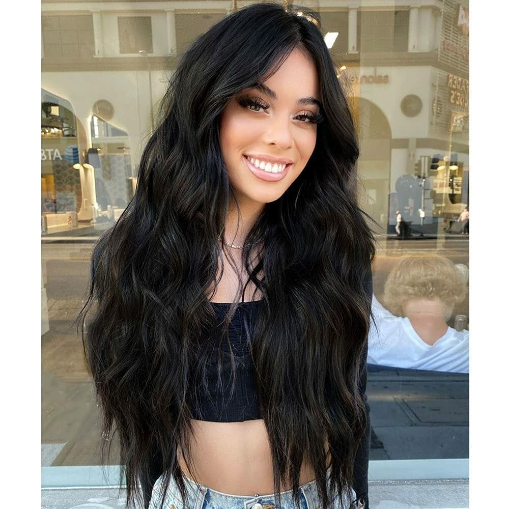 Black Wavy Mid-Back Length With Side Swept Bangs — Simple Wig Styles