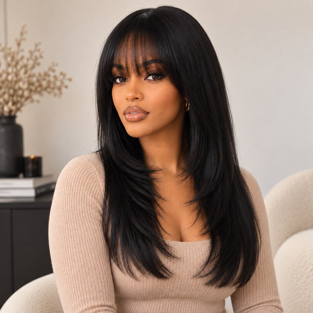 Mid-Back Layers With Wispy Bangs And Blowout Mid-Back Layers With Wispy Bangs And Blowout — Simple Wigs Human Hair