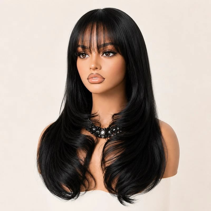 Long Black Wig With Soft Waves And Wispy Bangs Long Black Wig With Soft Waves And Wispy Bangs — Simple Wigs Human Hair