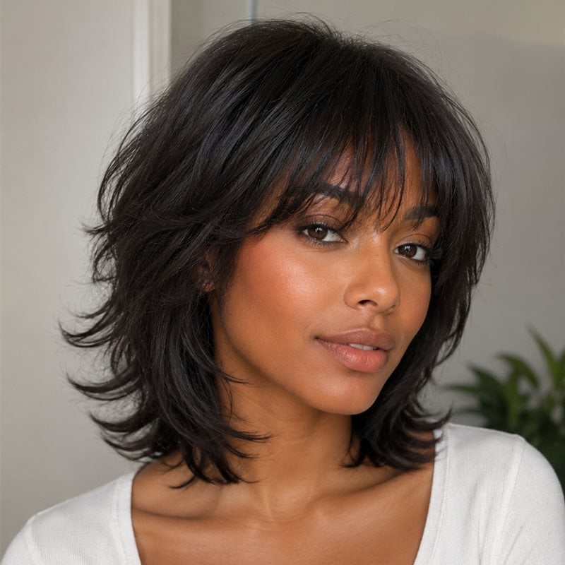 Black Shag With Face-Framing Curtain Bangs Black Shag With Face-Framing Curtain Bangs — Simple Wigs Human Hair