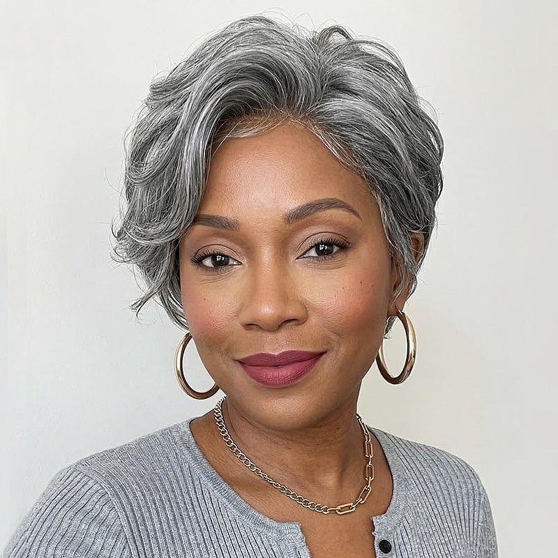 Textured Salt and Pepper Pixie With Side Bangs Textured Salt and Pepper Pixie With Side Bangs — Simple Wigs Human Hair