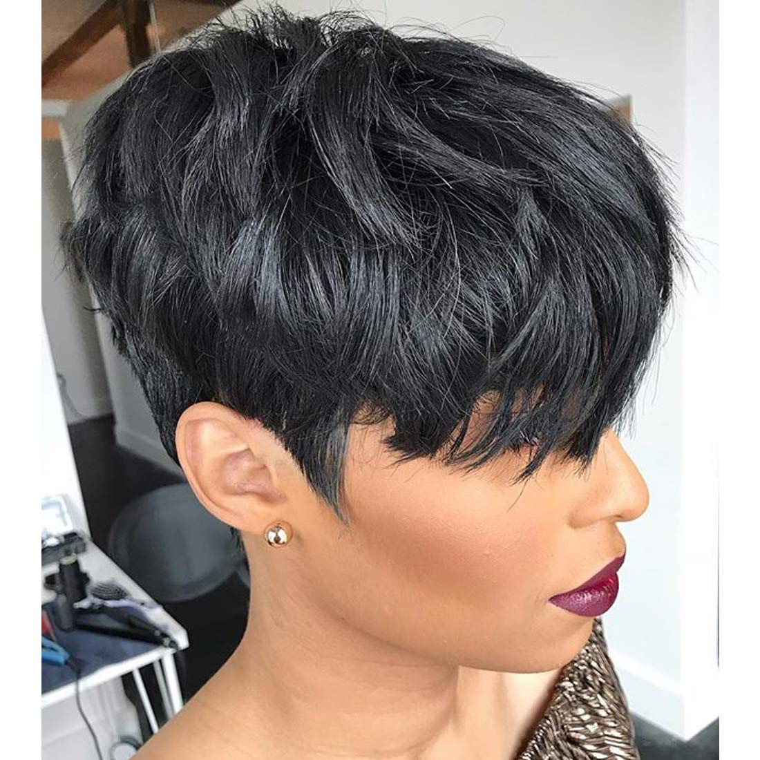 Textured Black Pixie With Wispy Bangs Textured Black Pixie With Wispy Bangs — Simple Wigs Human Hair
