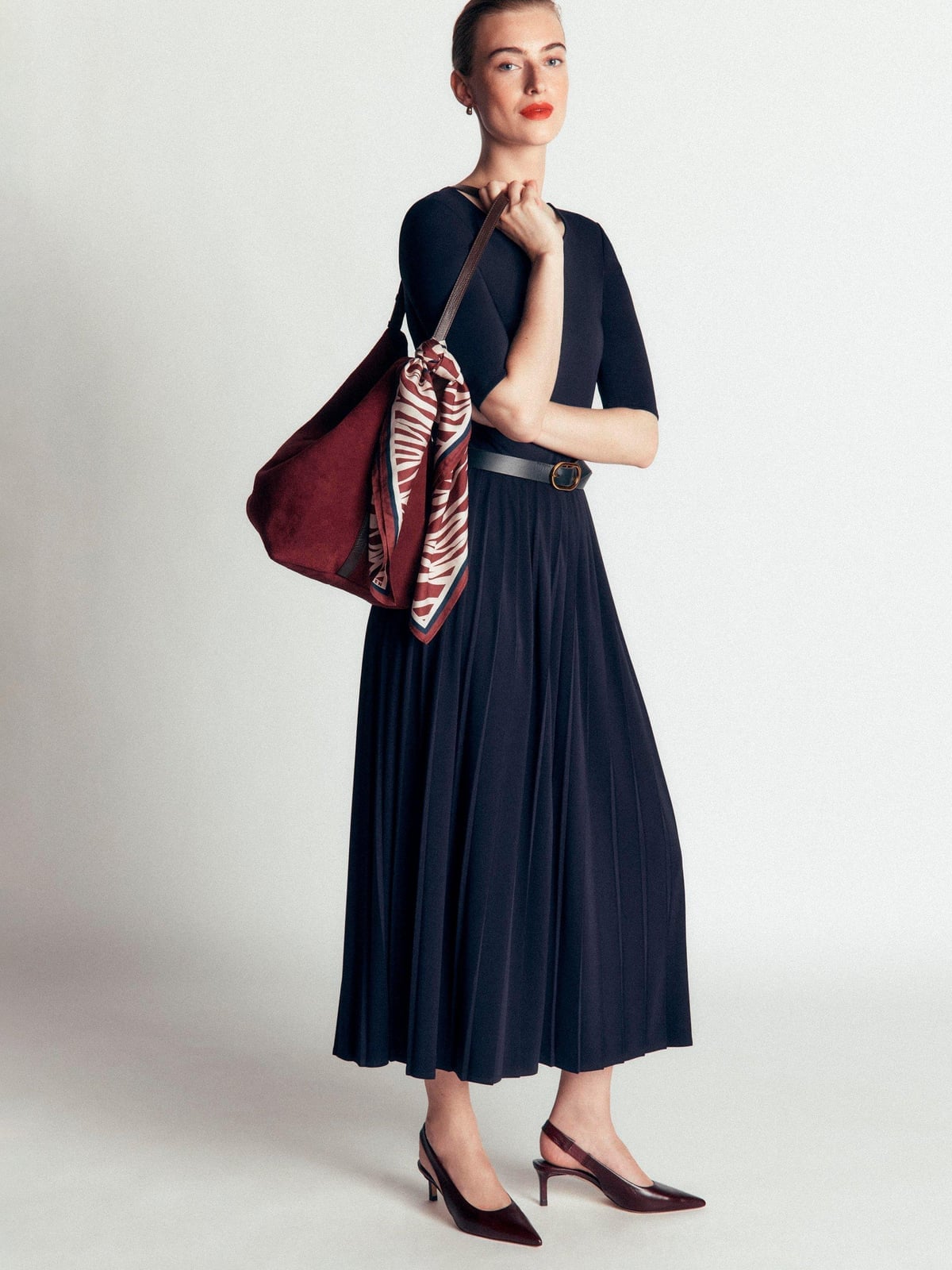Navy Fit and Flare Midi Dress with Pleats Navy Fit and Flare Midi Dress with Pleats — Simple Work Dresses