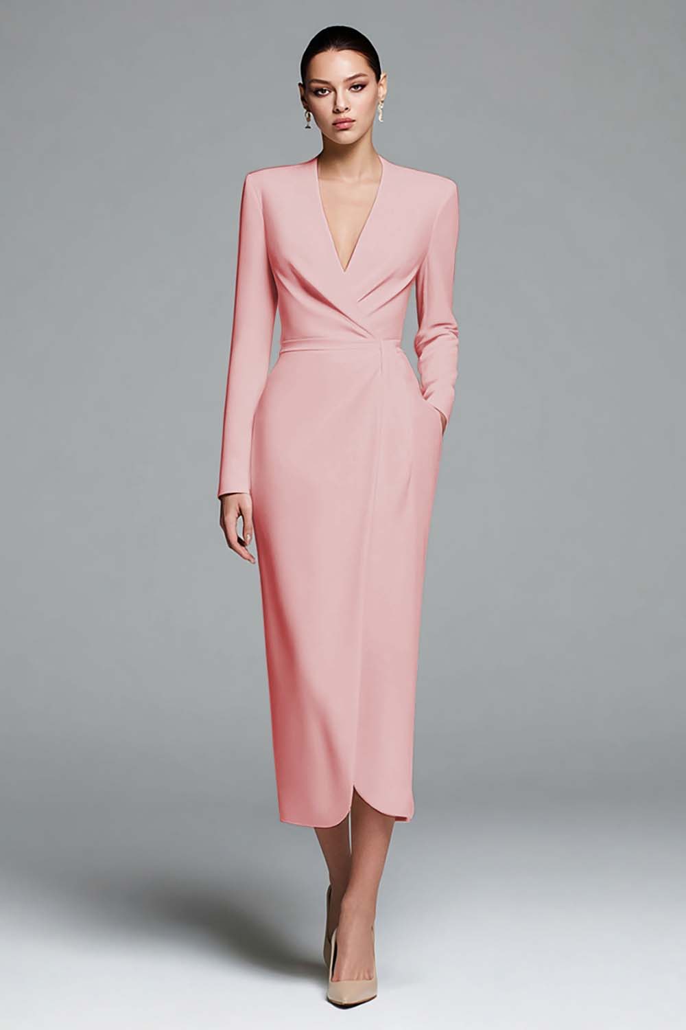 Pink Satin Wrap Dress with V-Neck Pink Satin Wrap Dress with V-Neck — Simple Work Dresses
