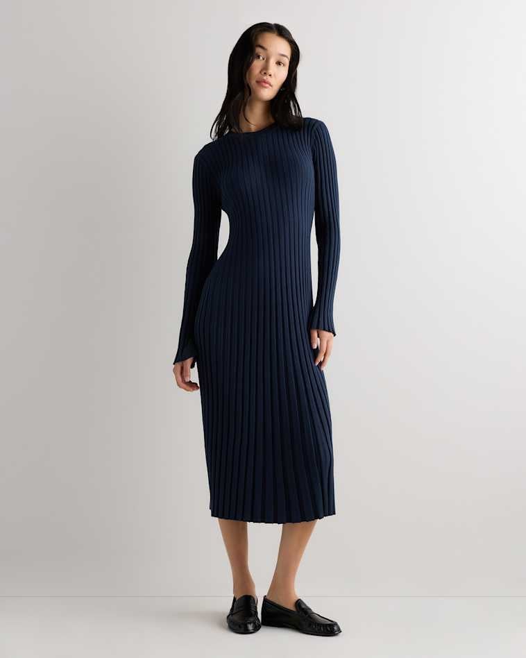 Navy Ribbed Knit Long Sleeve Midi Dress Navy Ribbed Knit Long Sleeve Midi Dress — Simple Work Dresses
