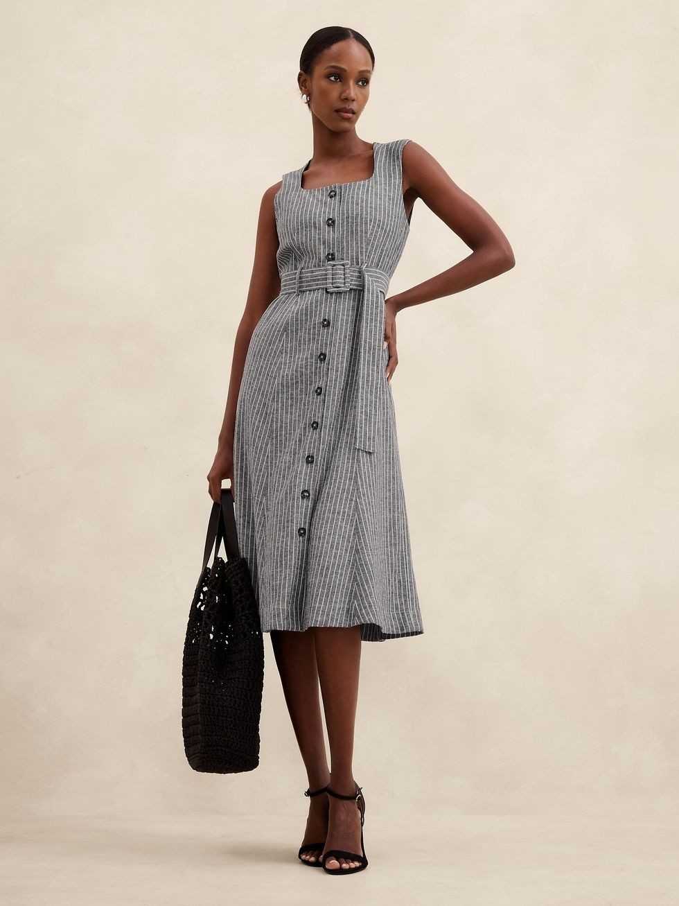 Striped Belted A-Line Midi Dress Striped Belted A-Line Midi Dress — Simple Work Dresses