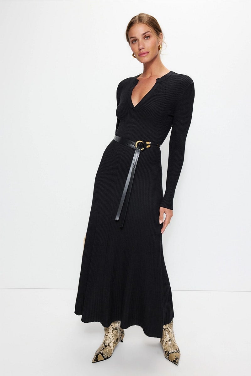 Black Ribbed Knit Midi Dress with Belt Black Ribbed Knit Midi Dress with Belt — Simple Work Dresses