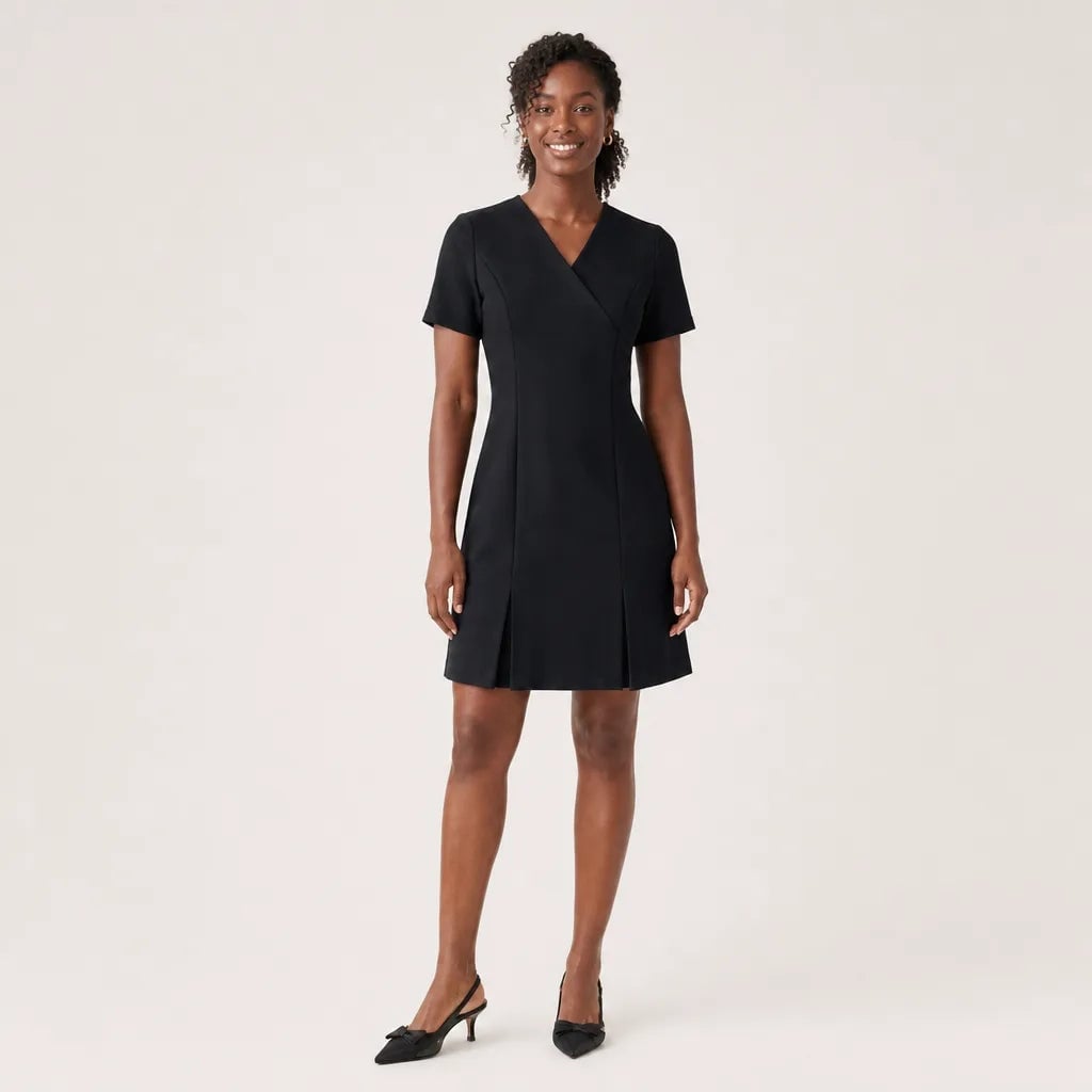 Black V-Neck Dress with Pleated Skirt Black V-Neck Dress with Pleated Skirt — Simple Work Dresses