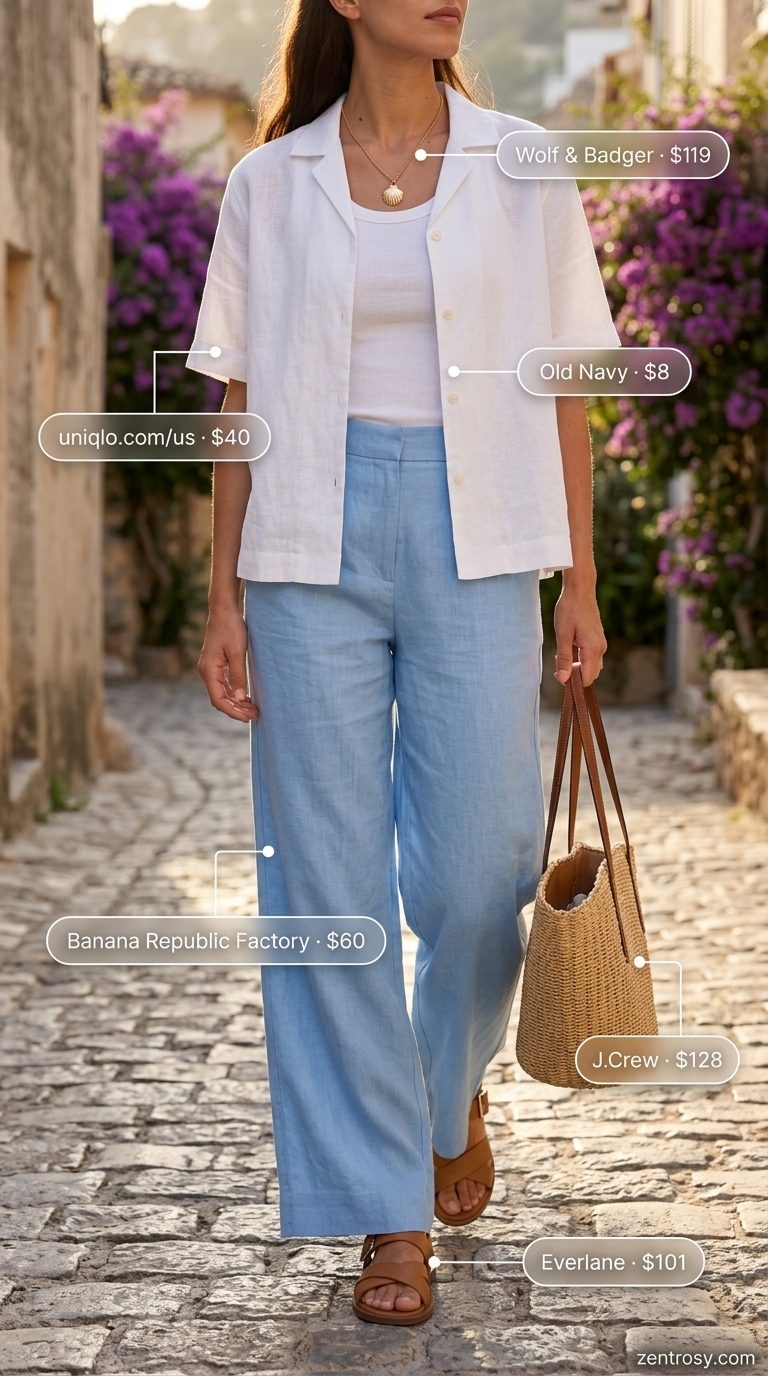 Mediterranean Linen Vibes 2026 Sky blue linen wide-leg pants with a white tank, open linen shirt, and straw tote for Mediterranean travel.