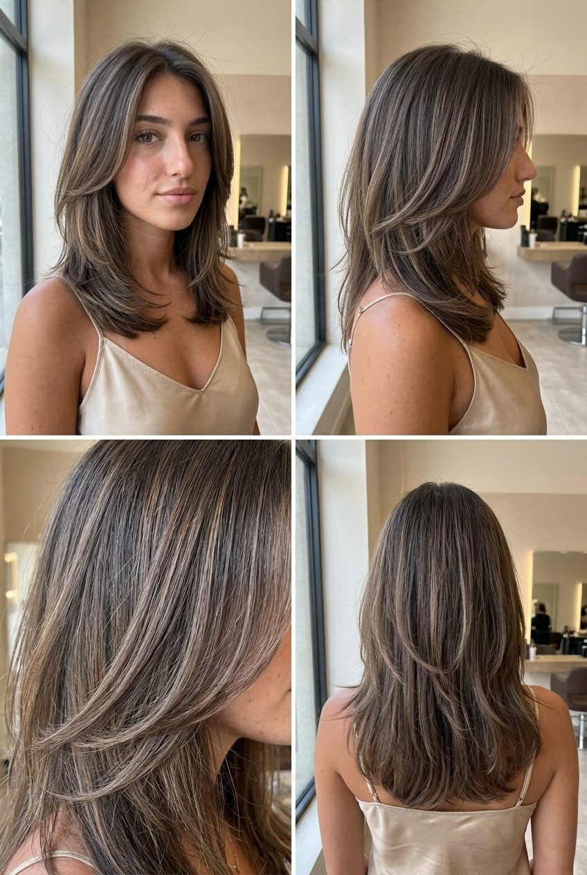 long balayage smoky brown with muted caramel and cool beige highlights for summer