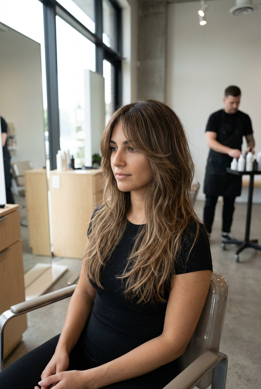 long wavy shag haircut in smoked caramel balayage with honey highlights, heavy layering, and long curtain bangs for bohemian