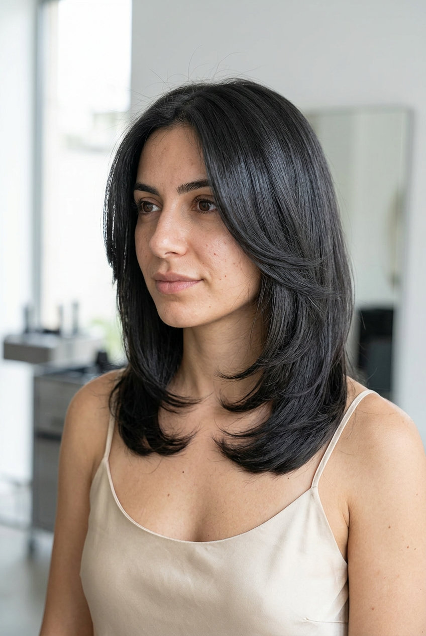 medium layered butterfly haircut in smoked espresso, C-shaped layers — chic sophisticated