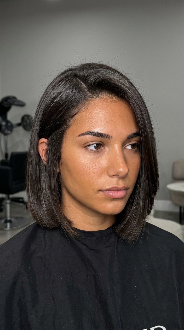 Sophisticated Espresso Bixie: Chic Cut 2026 short blunt bixie haircut in smoked espresso brunette with deep side part for professional