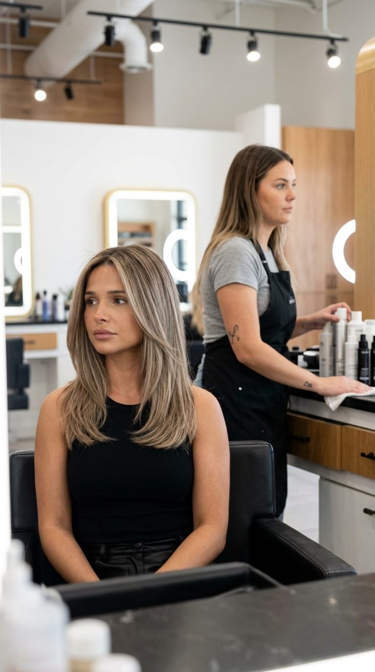 long layered honey blonde hair color with smoked honey foilayage, root smudge technique for cool look