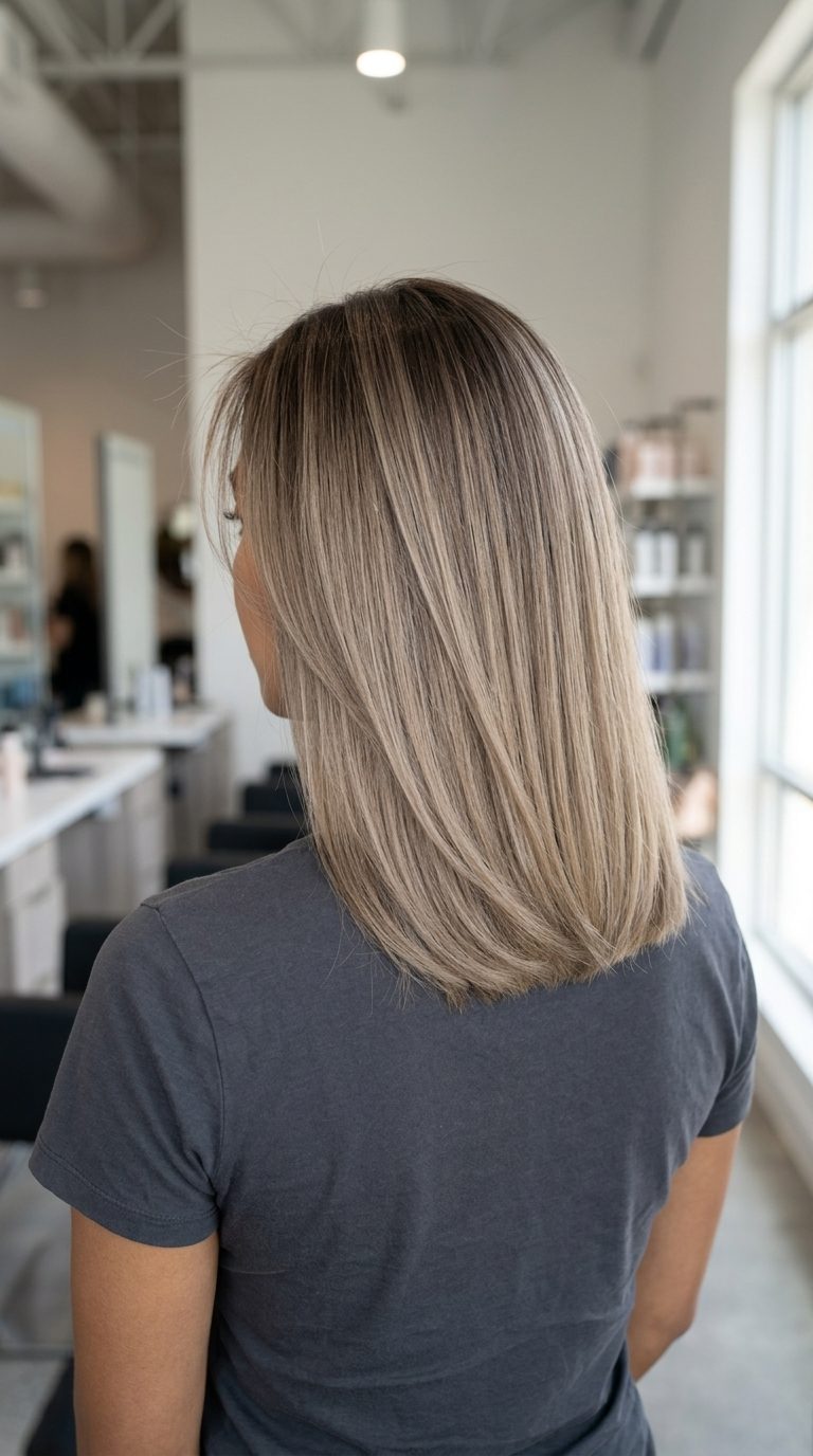 long one-length lob honey blonde hair with mushroom brown shadow root, cool beige balayage for professional settings