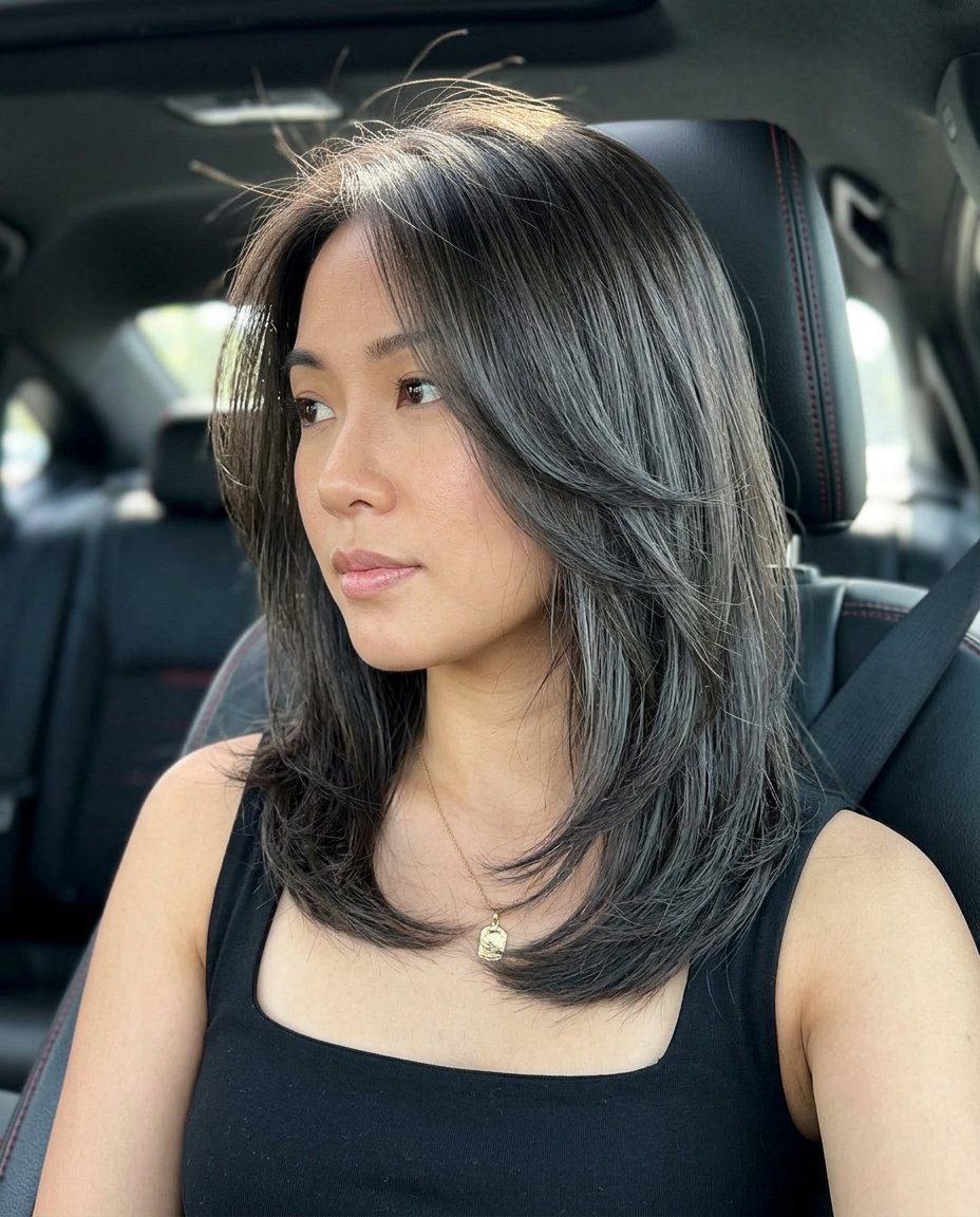 medium layered butterfly haircut in deep smoky ash brunette, internal layering, no fringe — professional