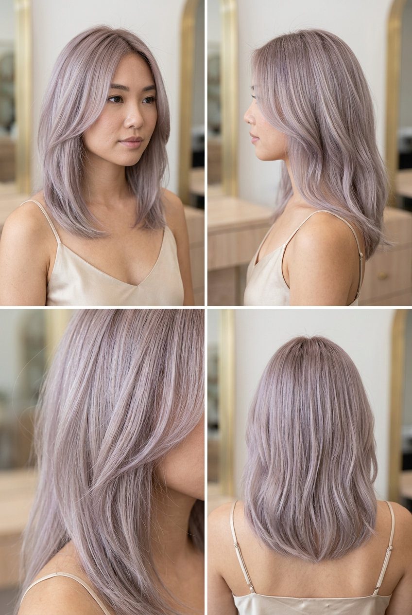 Smoky Lilac Blonde Hair 2026 long smoky lilac blonde with pale blonde base, translucent toner, for summer hair color ideas 2026