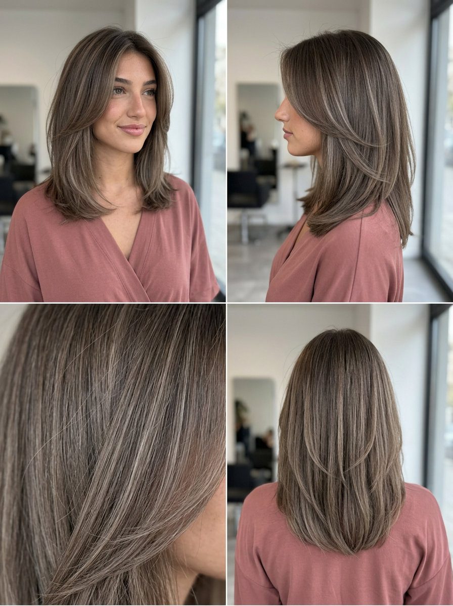 medium layered butterfly haircut in smoky quartz balayage, ash brown base, diffused layers — sophisticated