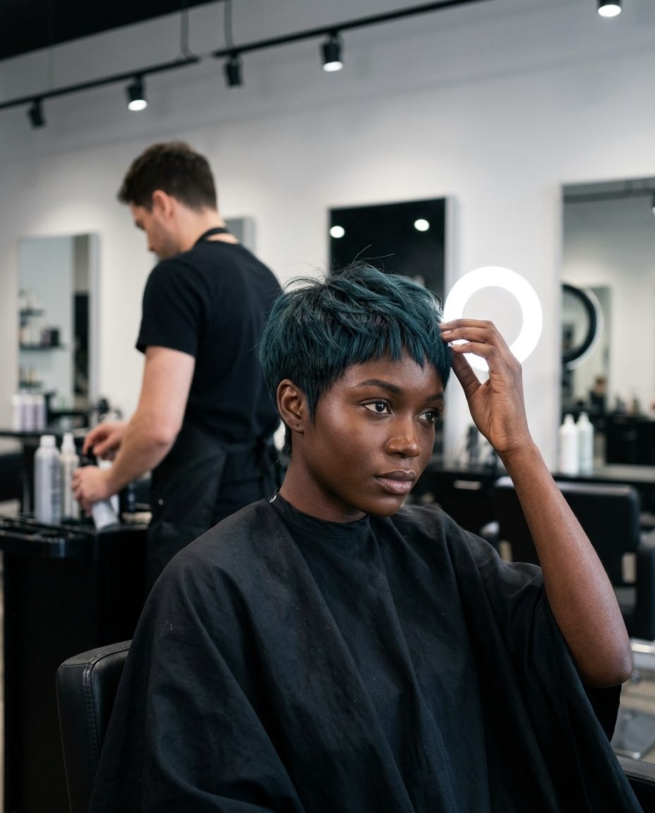 Smoky Teal Bixie Haircut 2026 short asymmetric bixie haircut with smoky teal charcoal root shadow, choppy micro-fringe, tapered nape — edgy rebellious look