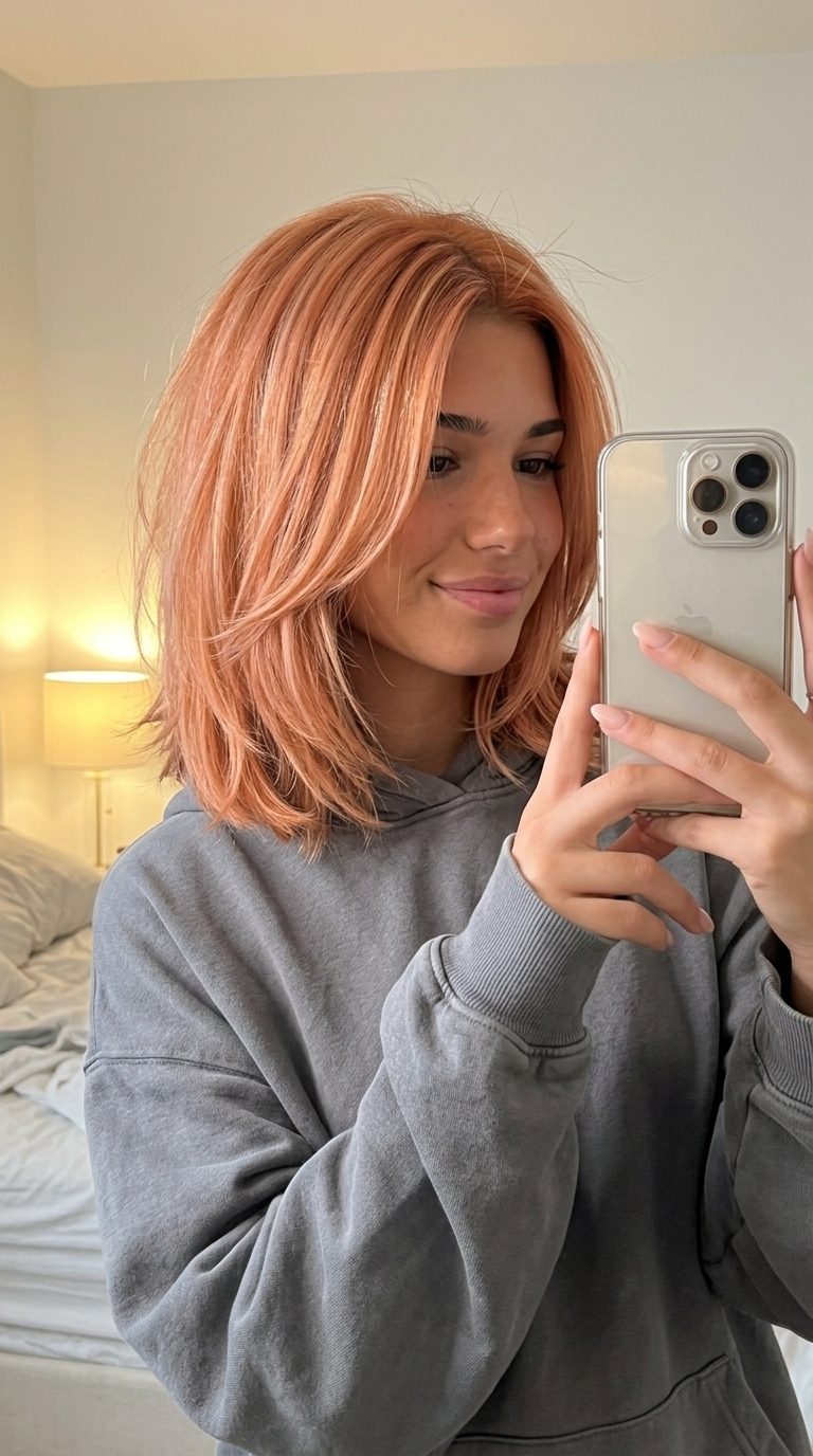short piecey bob haircut in soft apricot with strawberry blonde highlights, razored ends — playful and edgy