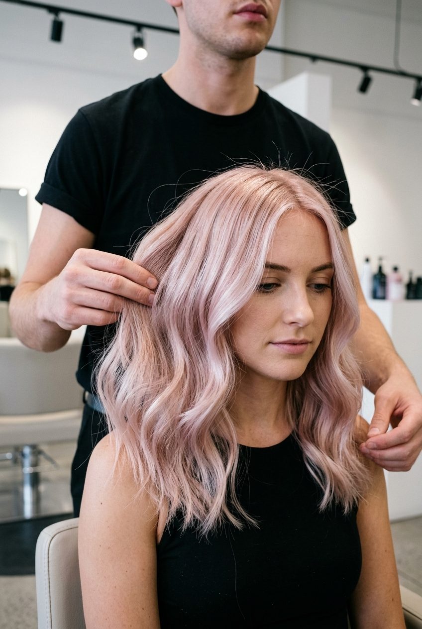 long sparkling rosé strawberry blonde with icy platinum babylights, pearlescent pink tones — romantic luminous style