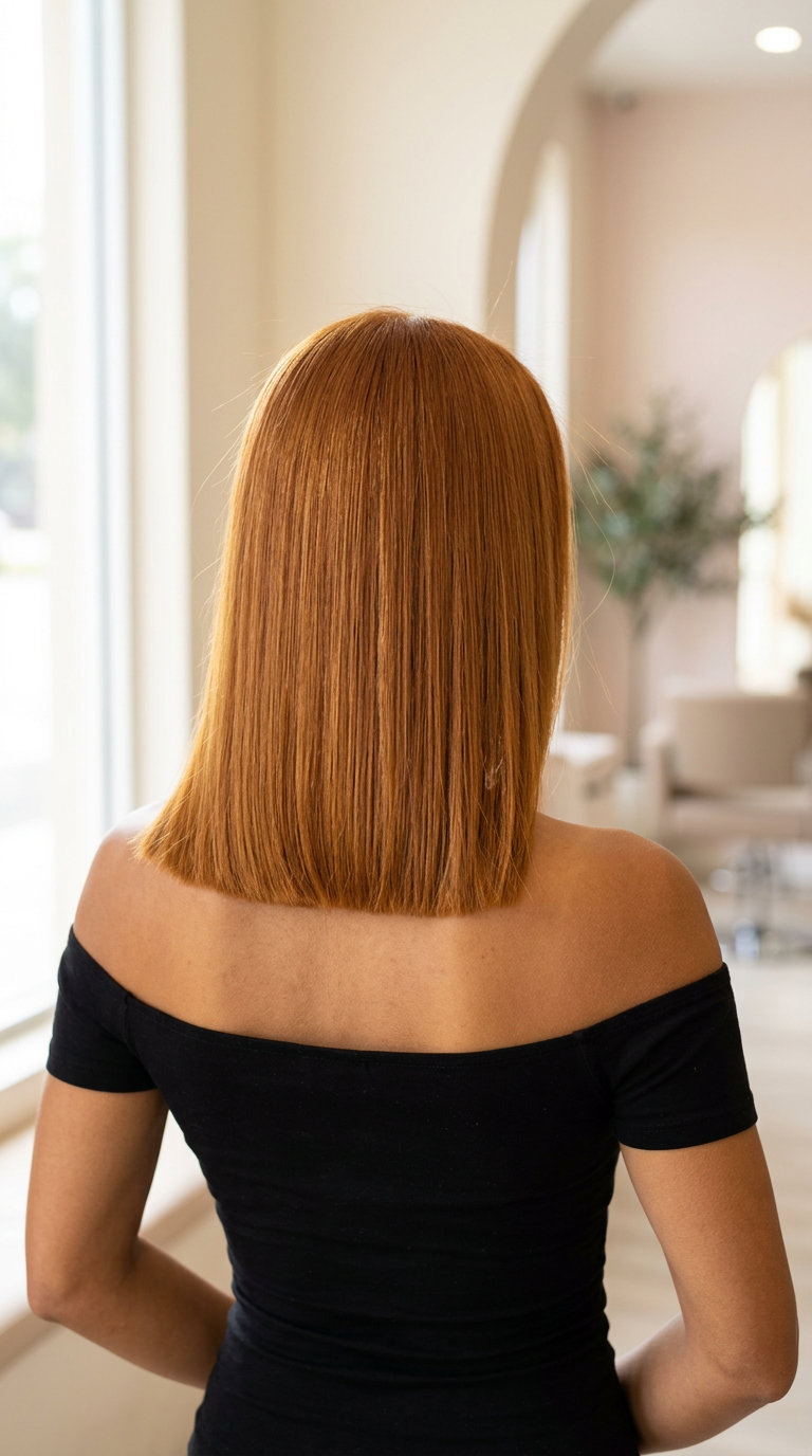 shoulder-length blunt auburn cut with solid golden-red color, no fringe — bold daily wear