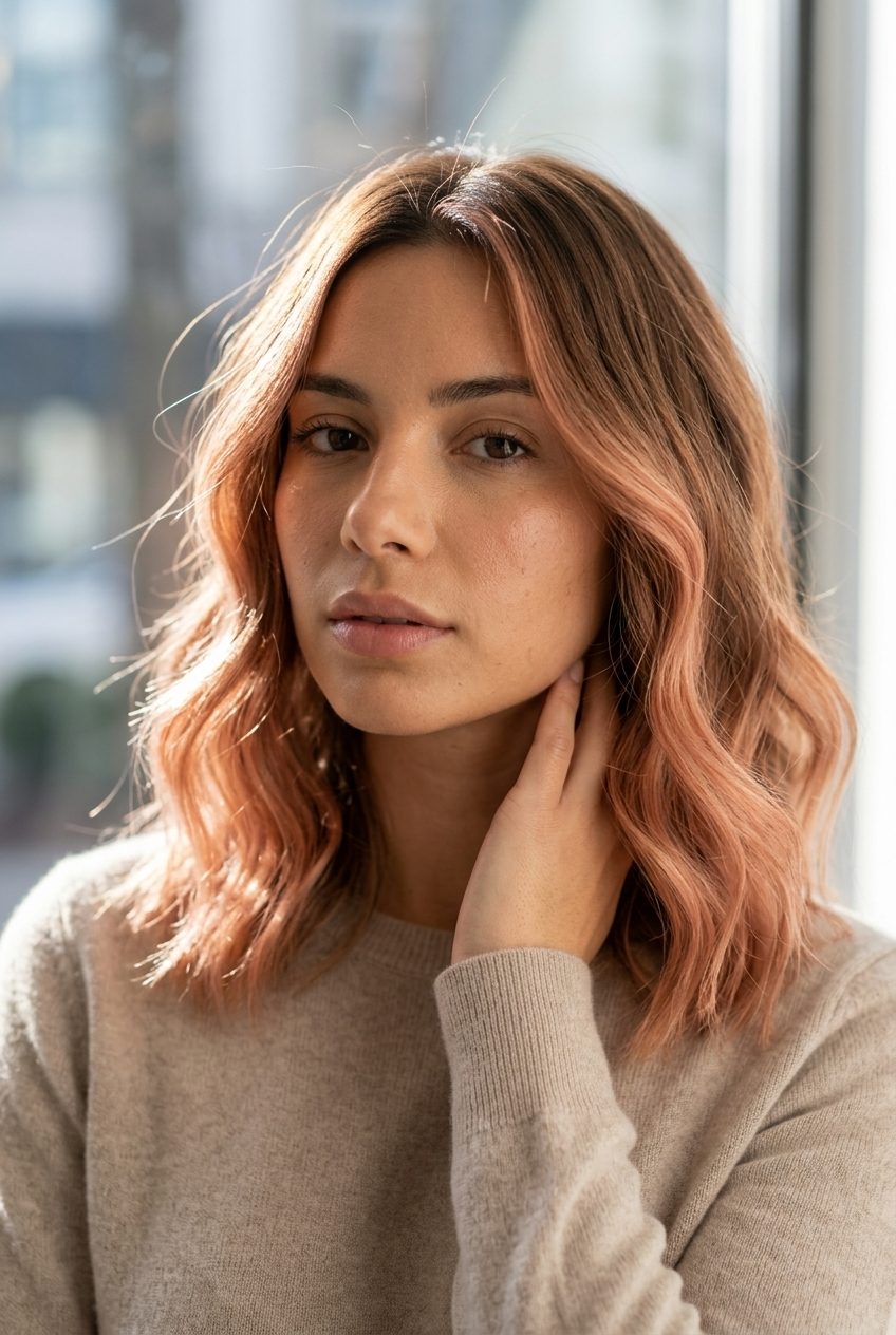 long strawberry blonde hair color glaze on ends, demi-permanent glaze technique, no fringe — subtle luminous style