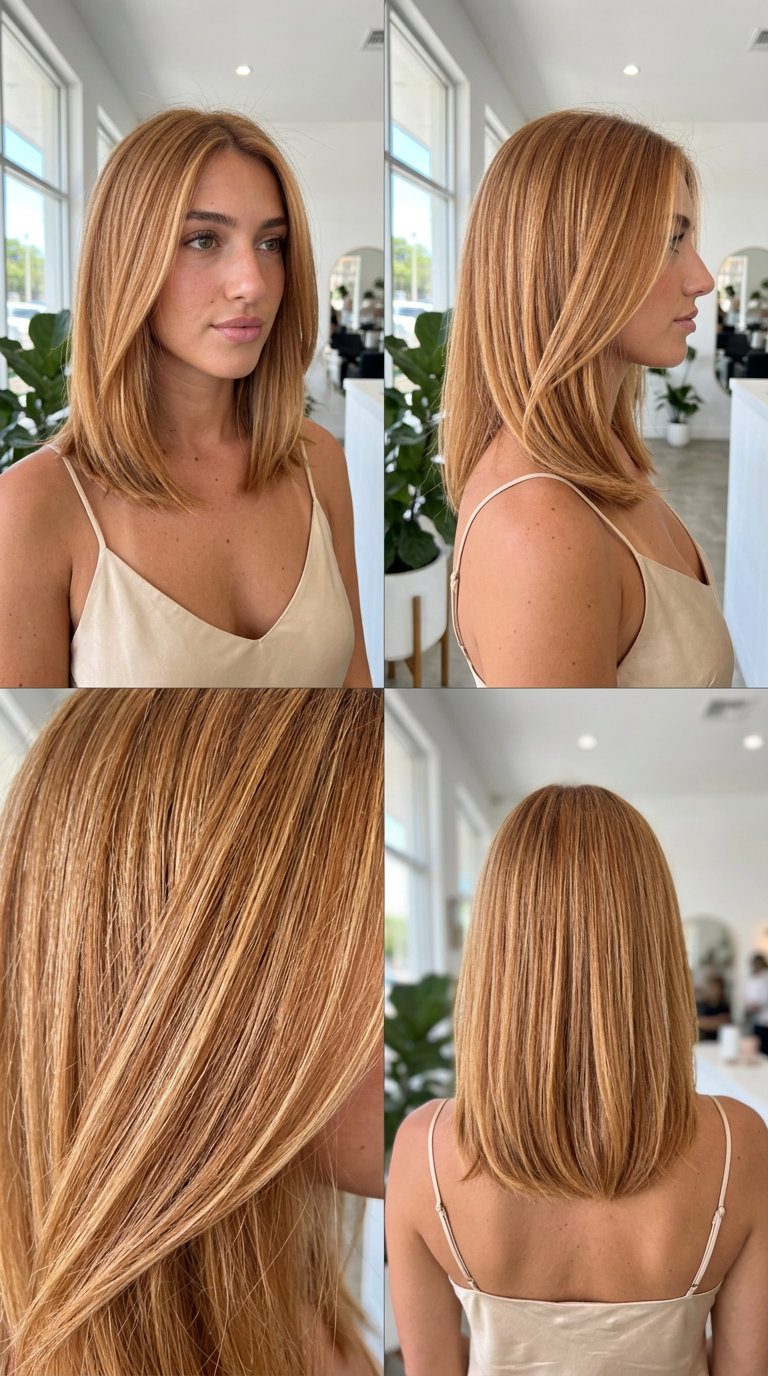 Strawberry Blonde Hair Color 2026 long strawberry blonde with golden babylights, copper-gold gloss, for summer hair color ideas 2026